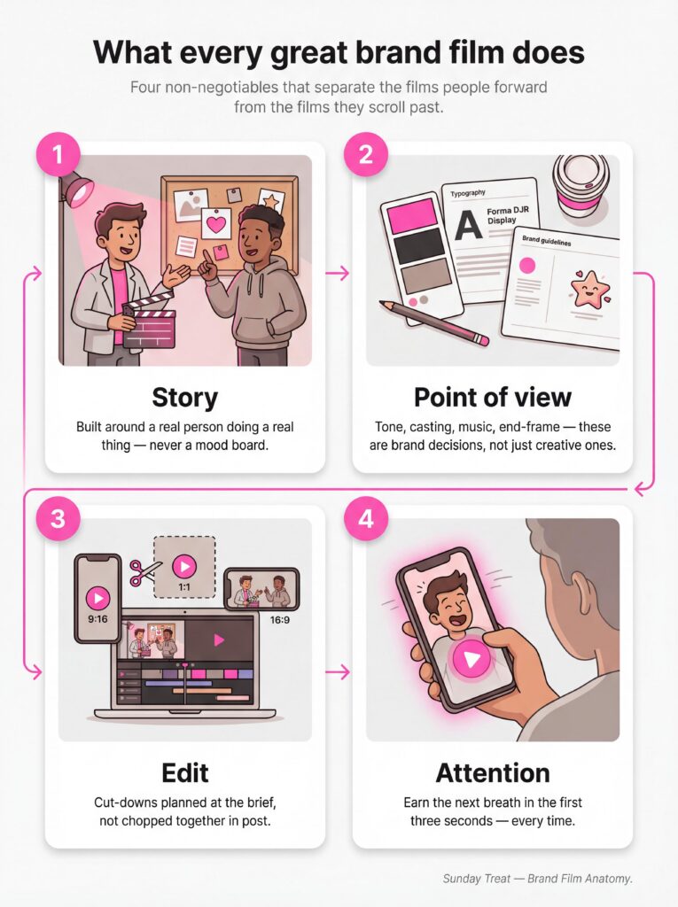 Four-panel infographic of the anatomy of a great brand film: Story, Point of view, Edit and Attention — the four non-negotiables that separate films people forward from the ones they scroll past.