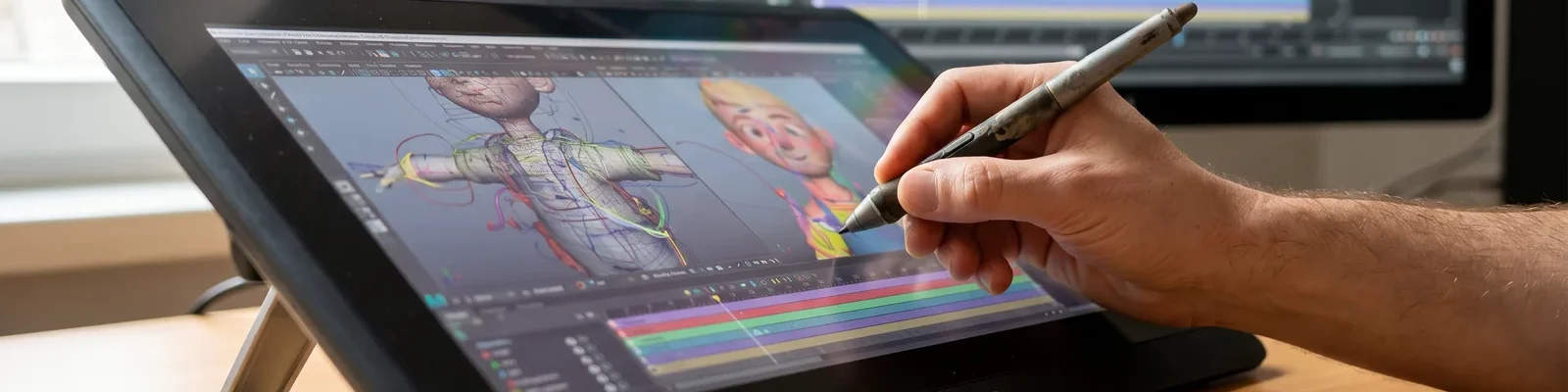 Close-up of an animator editing a colourful 3D character on a pen display, AI in animation