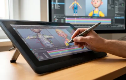 Close-up of an animator editing a colourful 3D character on a pen display, AI in animation