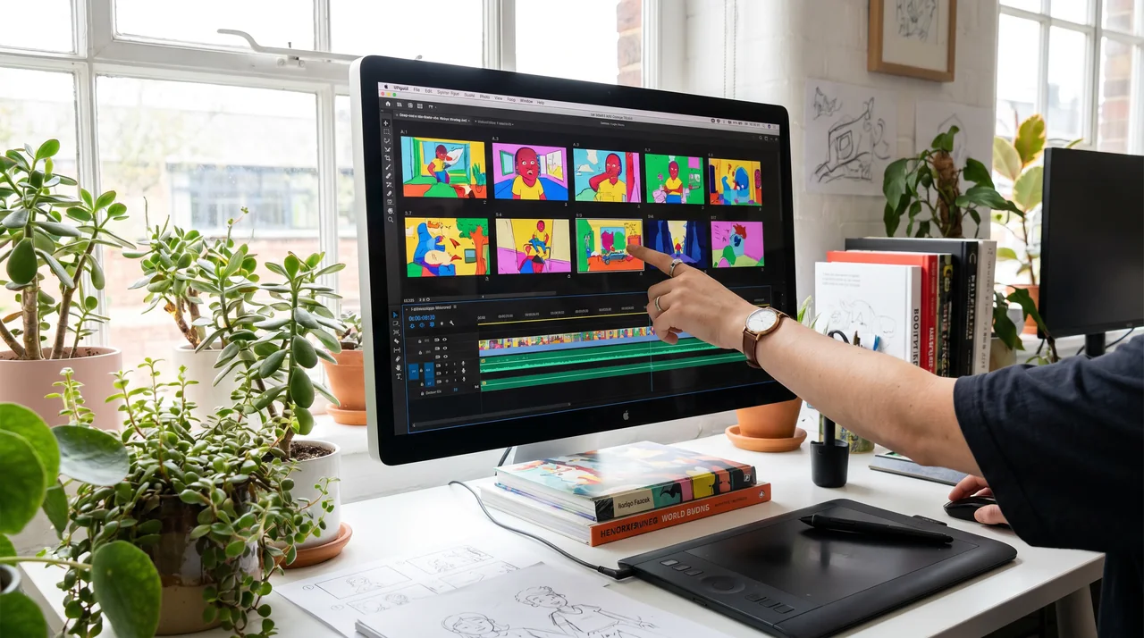 A colourful storyboard and animatic of animation frames on a studio monitor, the kind of previs work AI now speeds up