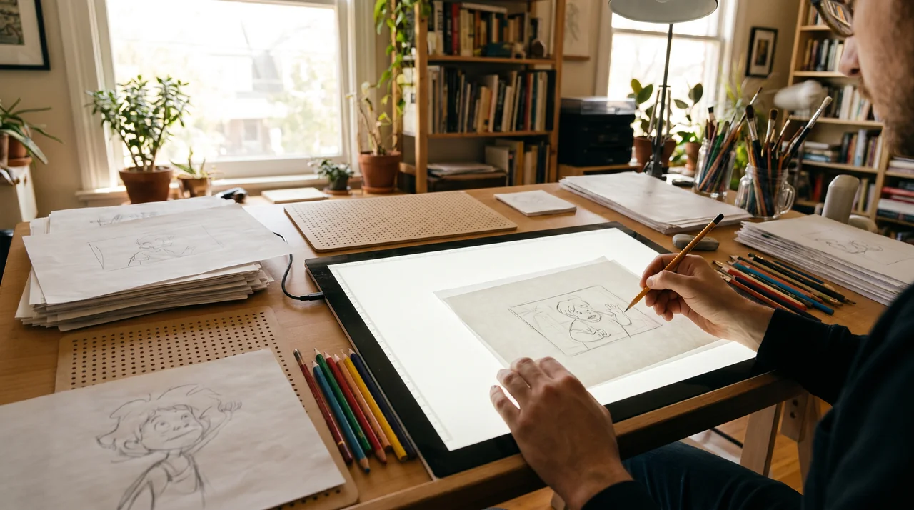 An animator sketching character frames by hand on a backlit lightbox, the human craft AI cannot replace