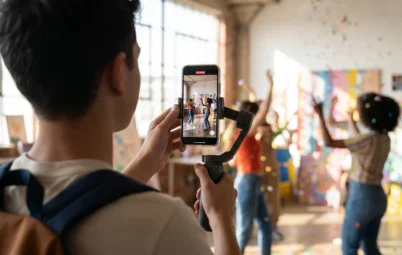 A creator filming an energetic scene on a smartphone gimbal, capturing short-form video for TikTok