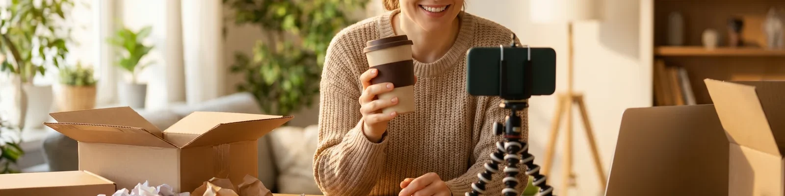 A person filming a product unboxing and review on a phone at home, the look of authentic user-generated content