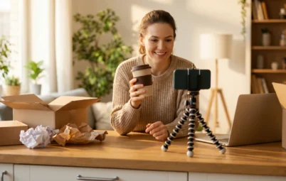 A person filming a product unboxing and review on a phone at home, the look of authentic user-generated content