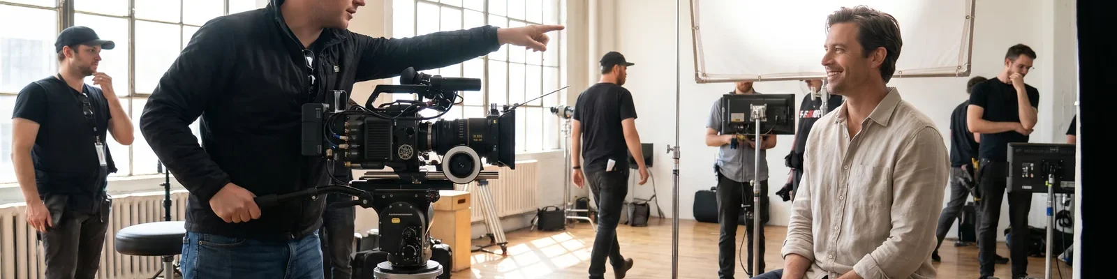 A bright video production set with a cinema camera and crew filming a subject