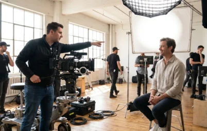 A bright video production set with a cinema camera and crew filming a subject