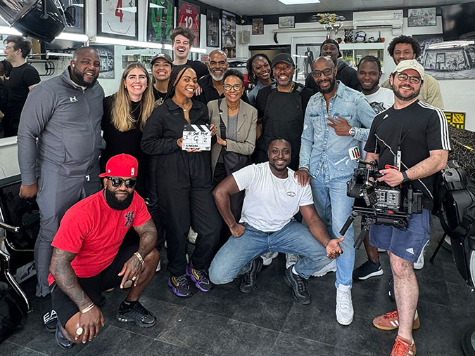 Sunday Treat content production crew on location at a barbershop shoot in London