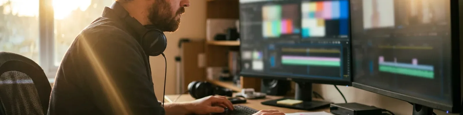 Editor at a dual monitor edit suite with a highlighted transcript