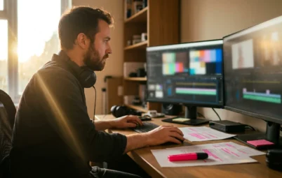 Editor at a dual monitor edit suite with a highlighted transcript