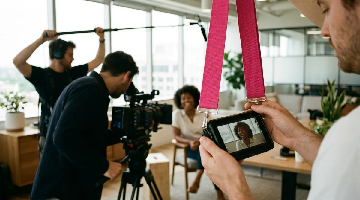 Small three person video crew filming an interview in a bright office, with a producer checking the shot on a monitor