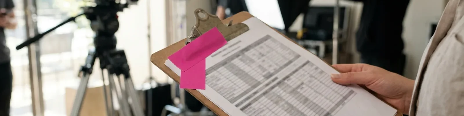Producer holding a printed budget on a clipboard on a bright film set