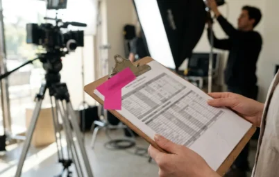 Producer holding a printed budget on a clipboard on a bright film set