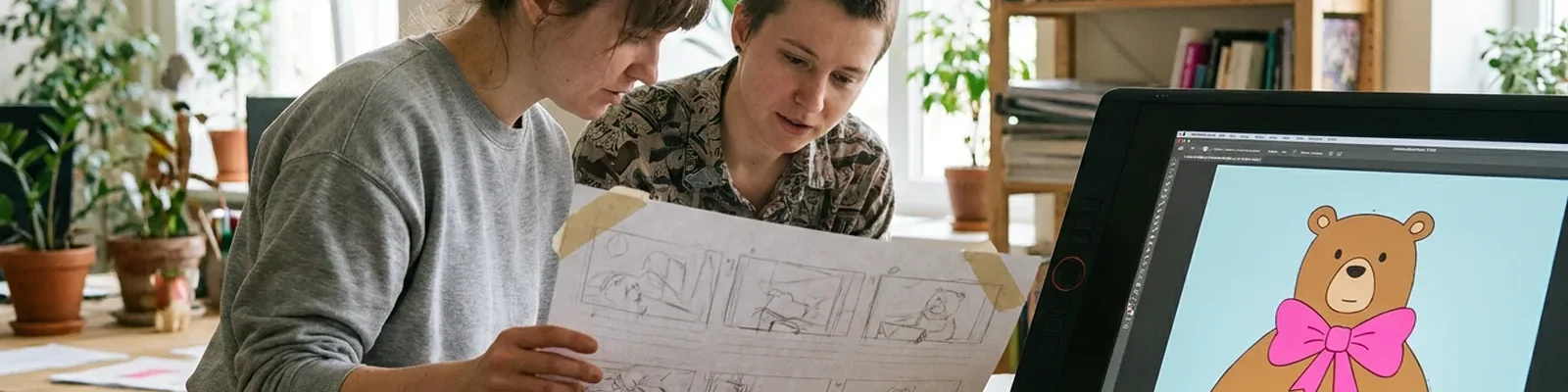 Two animators compare a storyboard with a 2D character on a pen display