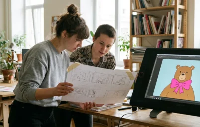 Two animators compare a storyboard with a 2D character on a pen display