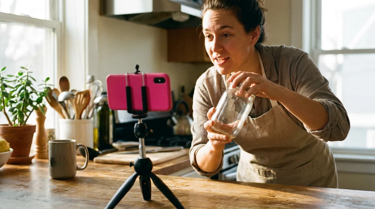 Creator filming a vertical product video on a phone mounted on a small tripod in a bright daylit room