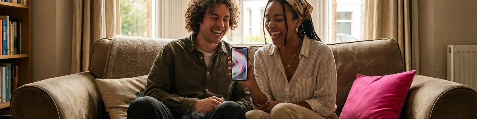 Two friends laughing at a phone on a sofa in a bright living room