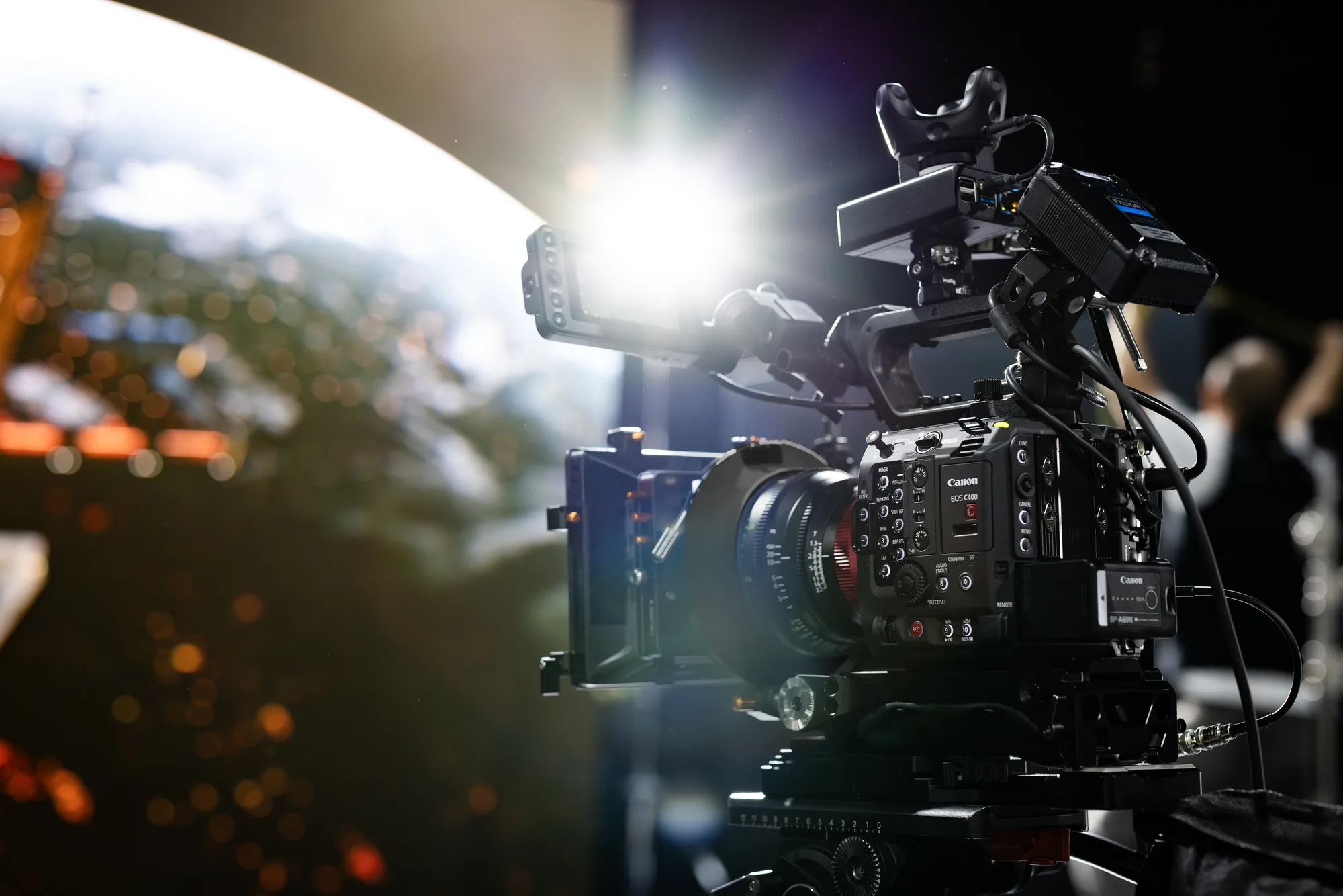 A cinema camera and lighting rig on a Sunday Treat brand film shoot